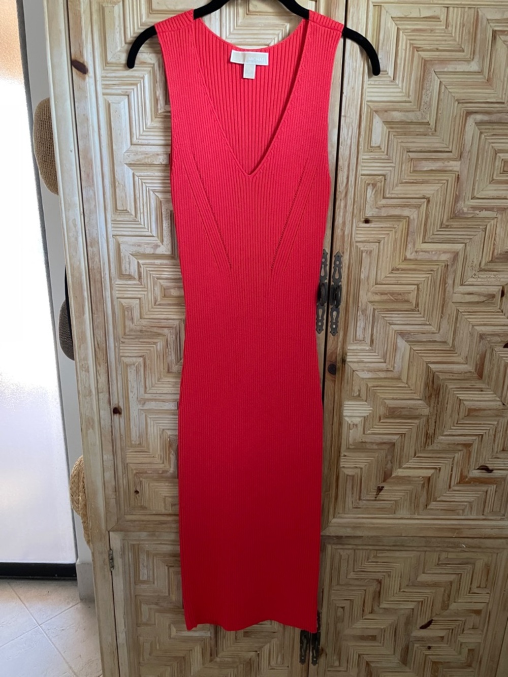 MICHAEL Michael Kors Bright Red Ribbed V-Neck Maxi Dress